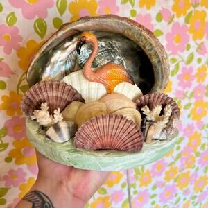 Vintage Retro Pink Flamingo Clam Shell Seashell Tabletop Lamp